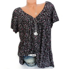 Blusa Feminina Plus Size com Decote em V e Estampa Floral FEMININO - ROUPAS - CAMISETA 1 Dm Stores Preto P