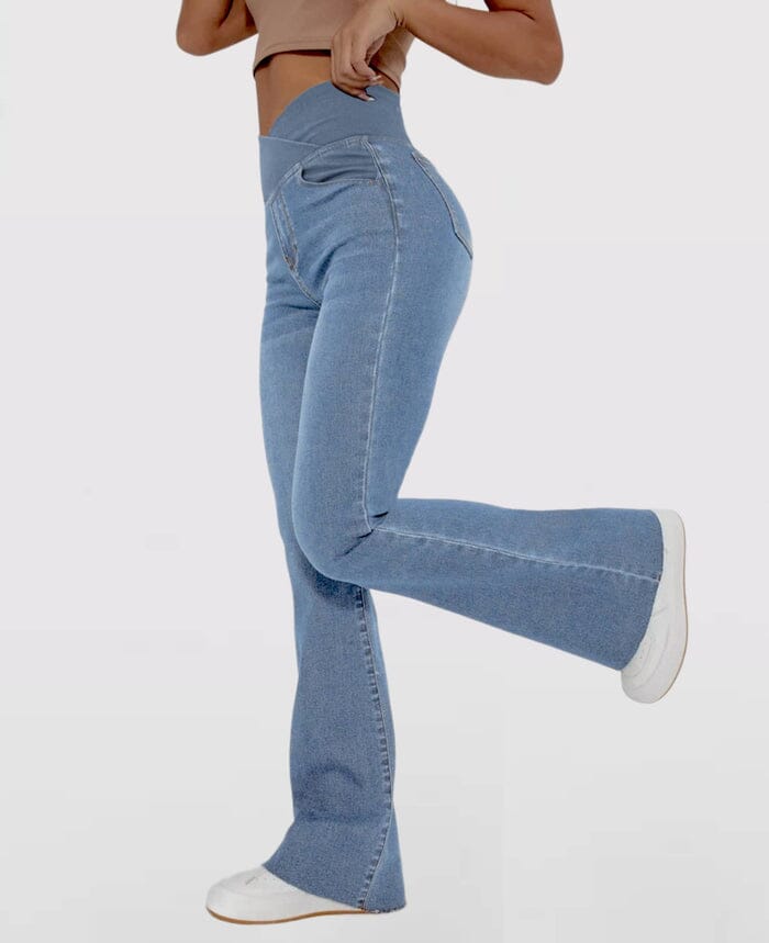 Calça Jeans de Cintura Alta Cruzada FEMININO - ROUPAS - CALÇA 2 Dm Stores Azul Claro PP