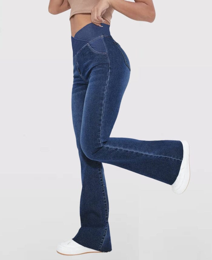 Calça Jeans de Cintura Alta Cruzada FEMININO - ROUPAS - CALÇA 2 Dm Stores Azul Escuro PP