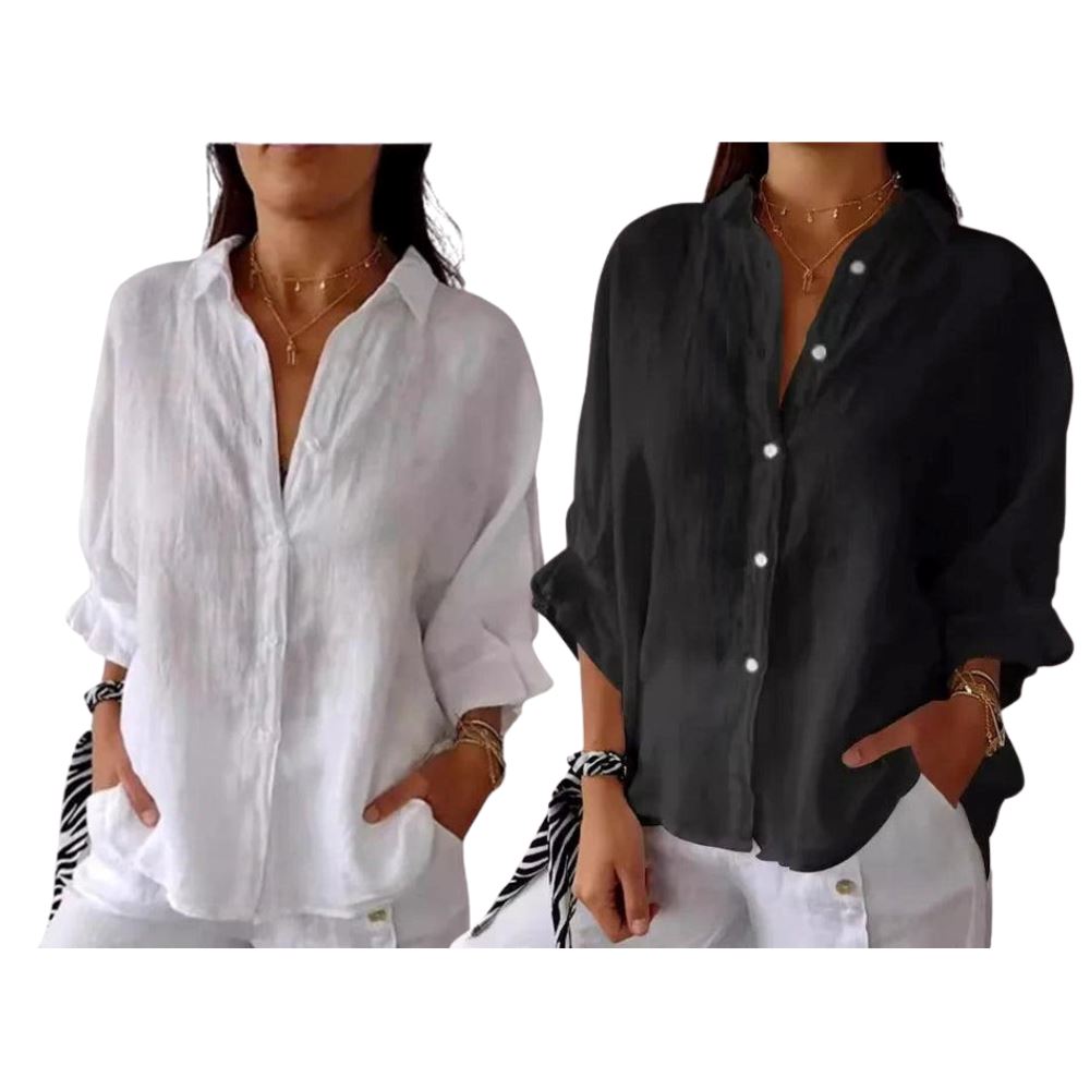 Camisa Cassandra em Linho de Algodão [Compre 1 Leve2] FEMININO - ROUPAS - CAMISA 2 Dm Stores Branco+Preto PP