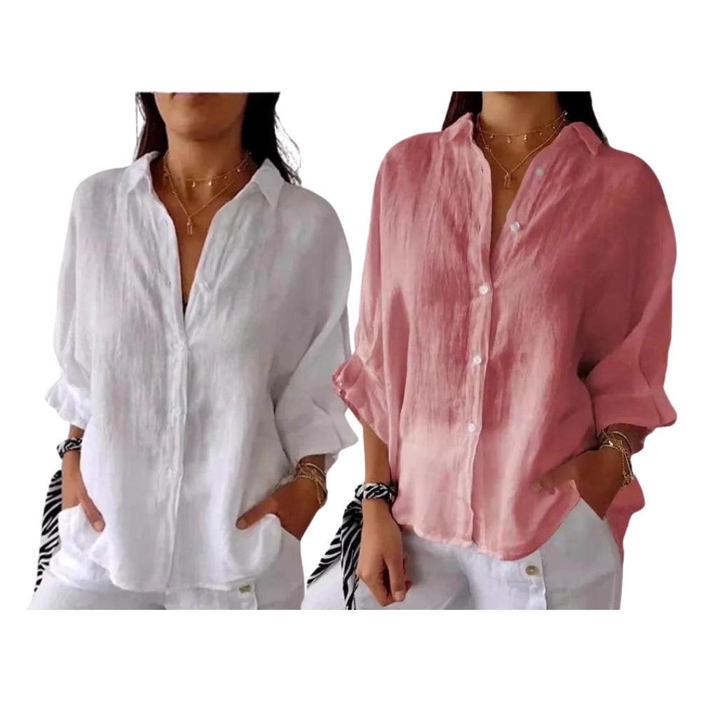 Camisa Cassandra em Linho de Algodão [Compre 1 Leve2] FEMININO - ROUPAS - CAMISA 2 Dm Stores Branco+Rosa PP