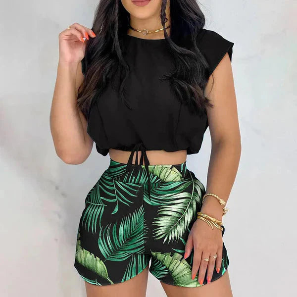 Conjunto de Verão Cropped + Short Cintura Alta Roupas (Conjunto Feminino 3) Dm Stores P Preto e Camuflado