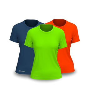 Kit 3 Camisetas Tecnológicas Femininas FitneSmart - Anti Suor FEMININO - ROUPAS - CAMISETA 3 Dm Stores Verde Neon - Laranja Neon - Azul P